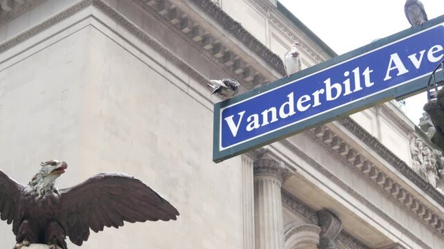 New York City Grand Central Terminal, Vanderbilt intersection road sign. 42 street corner, Park Avenue, Pershing Square architecture, iron eagle. Midtown railroad hub, railway transport. NYC crossroad