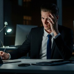Stressed Businessman Working Late at Night in the Office