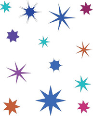 Vibrant and playful composition of colorful star shapes in various sizes on a clean white background. Perfect for festive designs, kids' projects, or creative templates with a whimsical touch.
