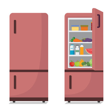 Closed and opened refrigerator with shelves full of healthy food, fruits and vegetables and beverages