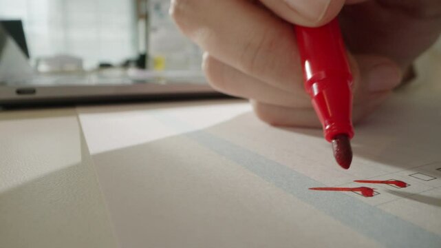 Macro close up of Unrecognizable business person's hand marking on checklist boxes, checkbox, to do list box with red pen after completing the task on white paper. 