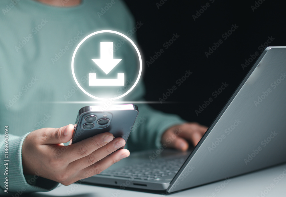 Poster businessman using smartphone to downloading data or documents files. cloud storage technology, cloud