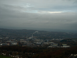 Huddersfield town in England wide aerial drone shot 