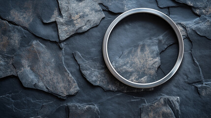A circular black metal frame against a dark stone wall.