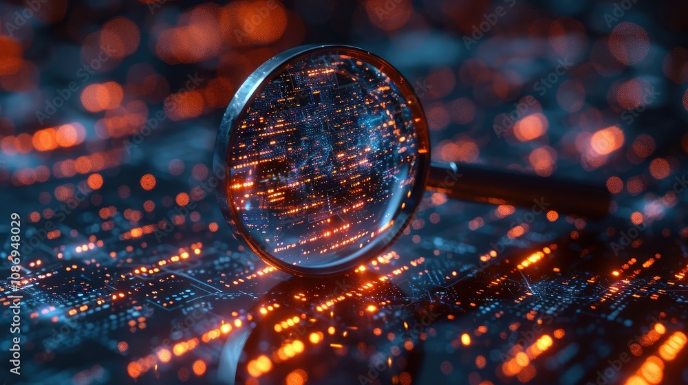 Poster a magnifying glass focuses on a glowing circuit board, representing data exploration and analysis.