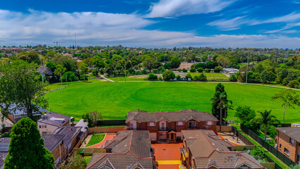 Panoramic aerial drone view of western Sydney Suburbs of Canterbury Burwood Ashfield Marrickville...