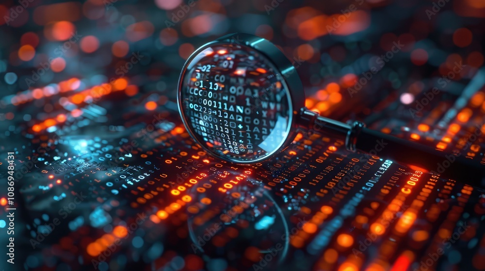 Poster a magnifying glass rests on a circuit board with binary code, revealing a world of data and technolo