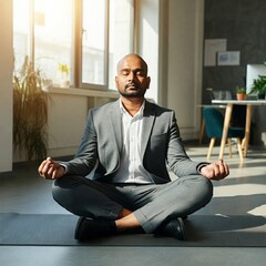 Relaxed Businessman Meditating in a Peaceful Office Setting