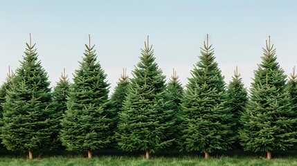 Evergreen trees in a neat row under clear sky.
