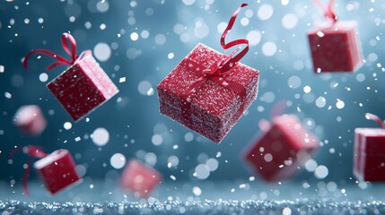 Fototapeta premium Floating red gift boxes with ribbons appear amidst falling snow, creating a festive and magical winter atmosphere.