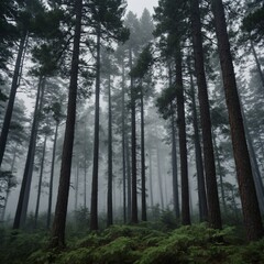 Obraz premium A tranquil forest with towering pine trees shrouded in morning mist, creating a mystical ambiance.