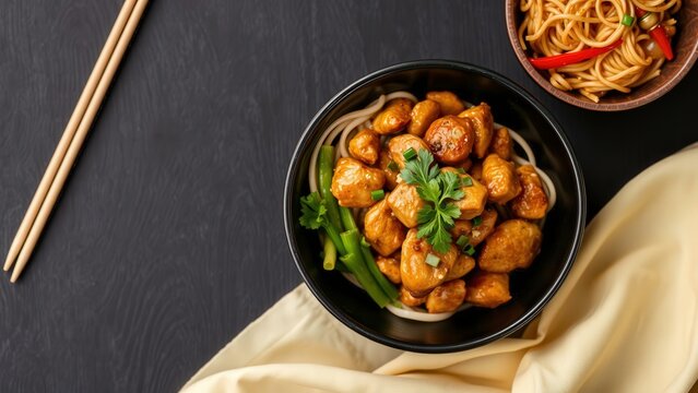 Delicious Asian Cuisine Meal with Chicken Meatballs, Noodles, and Vegetables - Perfect for aying Dinner