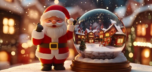 A festive scene featuring a cheerful Santa Claus next to a snow globe that captures a winter village, evoking the spirit of Christmas and holiday joy in a serene, snowy setting.