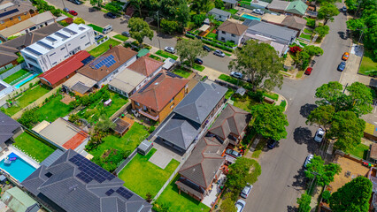 Panoramic aerial drone view of western Sydney Suburbs of Canterbury Burwood Ashfield Marrickville...