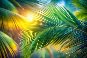 Obraz premium Captivating Long Exposure of Palm Leaves Swaying Gracefully in a Tropical Breeze with a Soft, Dreamy Background and Vibrant Colors for a Serene Nature Atmosphere
