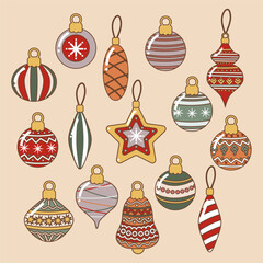 Set of flat glass tree toys, highlighted on white background. Hand-drawn vector graphics.