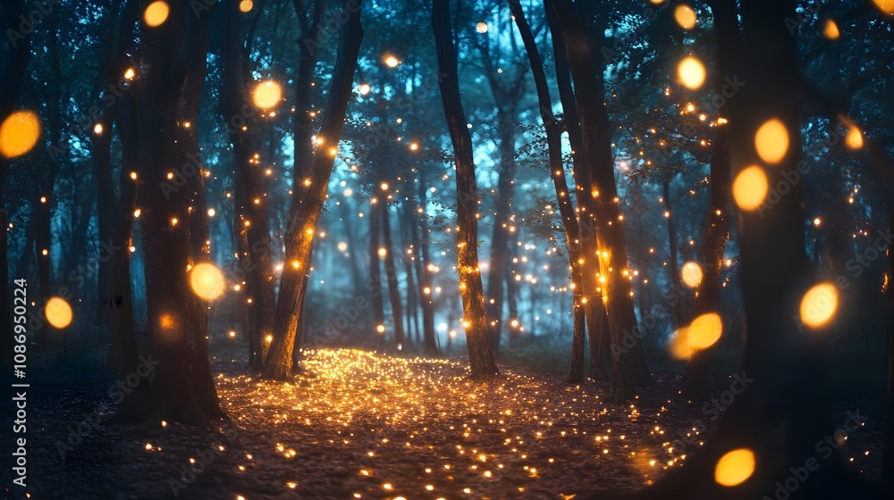 Poster a mystical forest scene illuminated by floating orbs of light, creating a magical atmosphere amidst 