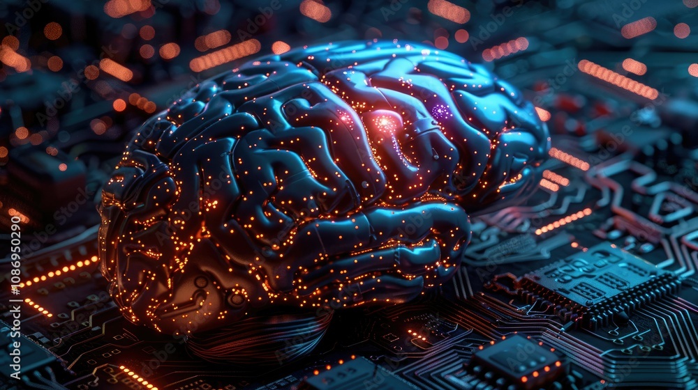 Poster a metallic brain model sits on a circuit board with glowing lights, representing artificial intellig