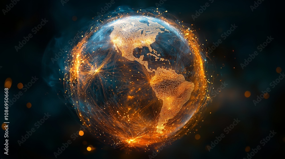 Poster stunning digital representation of earth with glowing particles, illuminated details, and network co