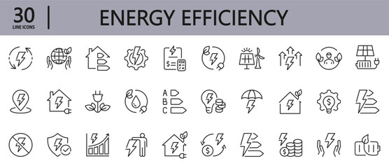Energy Efficiency line icons set with ecology, consumption, house, solar, price, reduction, electricity, save, money, lightning and more. Editable Stroke