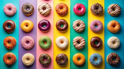 A Colorful Arrangement of Sweet Donuts on Striped Background