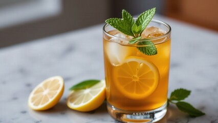 Fototapeta premium Refreshing Lemon Iced Tea with Mint and Lemon Slices on Marble Table - Perfect for Summer Afternoons
