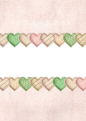 Ready-made postcard layout with pink watercolor background and fabric hearts with polka dot, striped and plaid patterns. Sewing clipart. Hand-drawn watercolor illustration