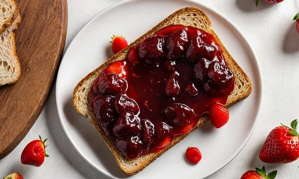 A slice of bread topped with cherry jam and fresh strawberries.