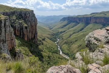 Breathtaking Scenic View of a Valley with River and Majestic Cliffs
