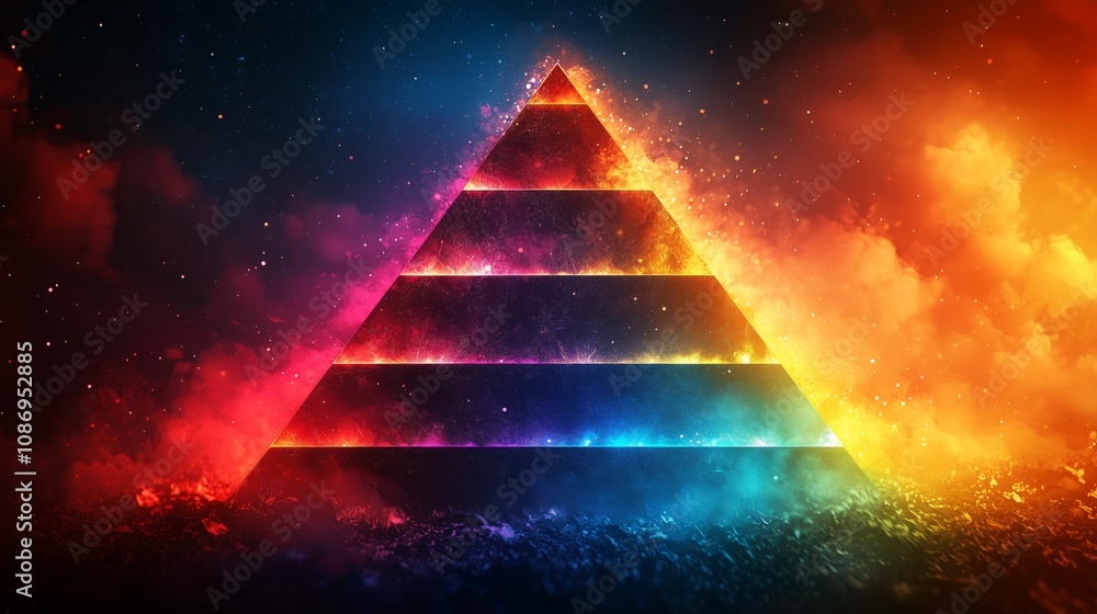 Poster vibrant cosmic pyramid with energetic color gradient and mystical background of stars and nebula, pe