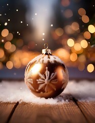 christmas ball on wooden board, winter snow ;now the year is coming soon - snowflake shape xmas decoration and blur silver sparkle beautiful