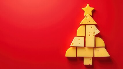 Assorted cheese slices arranged in Christmas tree shape on red background with copy space. Christmas concept for dairy and cheese business, for greeting card, invitation, postcard, banner, poster