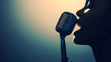 A silhouette of a person singing into a vintage microphone, capturing the essence of music and...