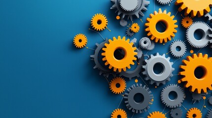 Colorful Cogs and Gears Arrangement on Blue Background for Engineering and Mechanism Concept in Modern Design and Technology Implementation