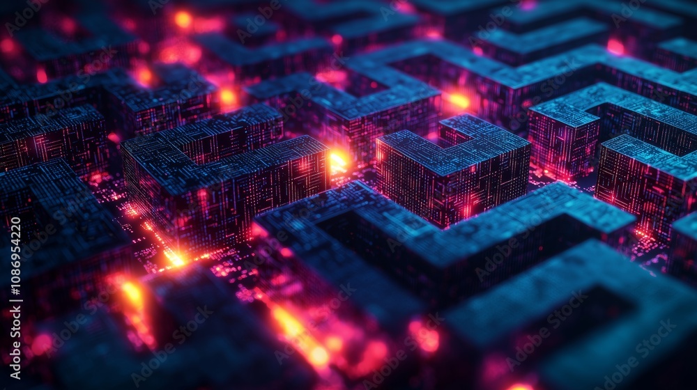 Poster futuristic abstract maze with glowing lights, complex patterns and layered textures in a digital env