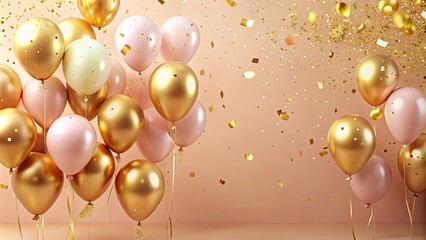 Elegant blush pink and gold balloons with confetti falling