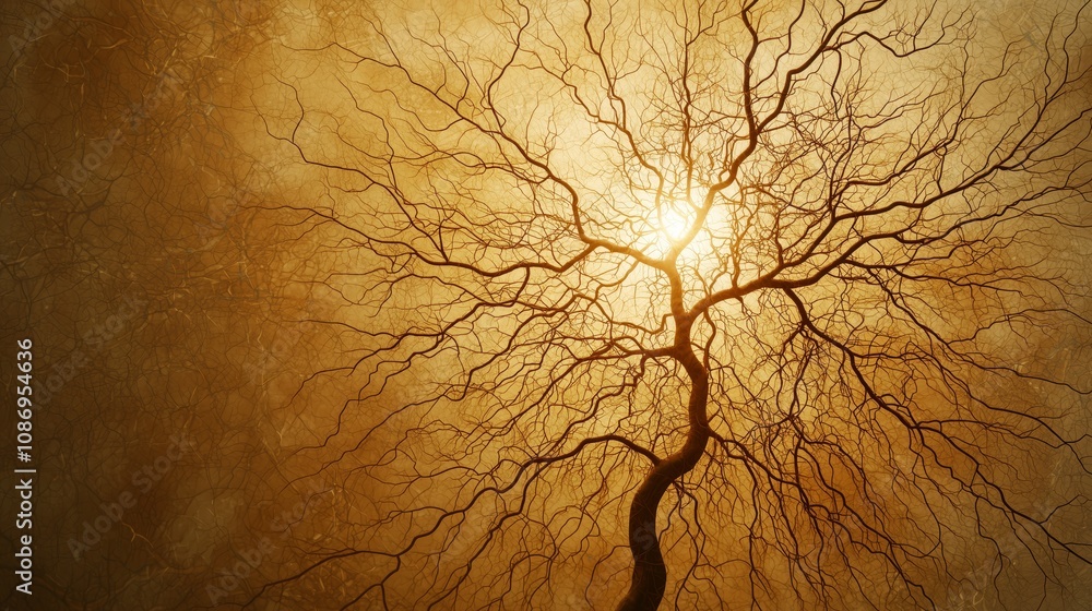 Poster abstract representation of a tree silhouette with intricate branches against a warm yellow backgroun