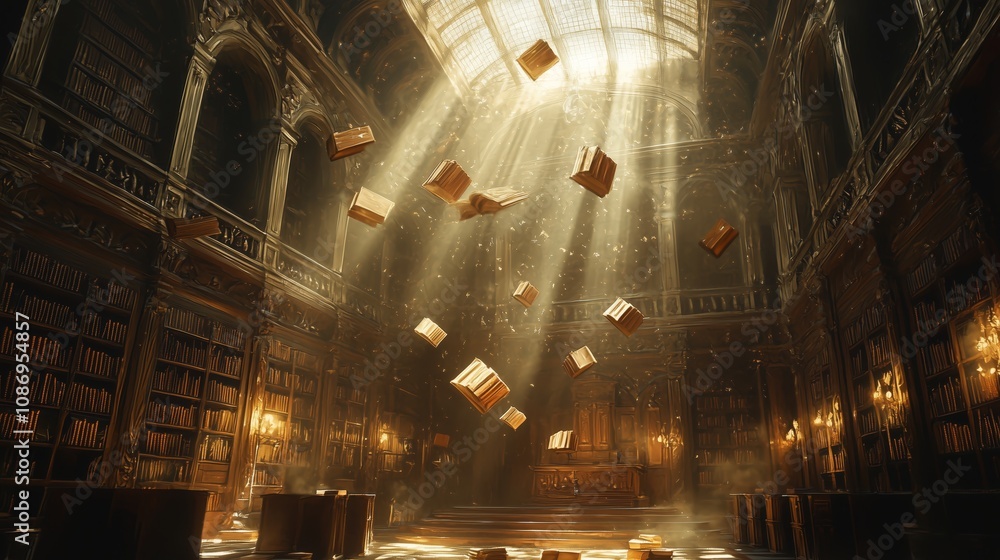 Poster enchanted library with floating books, illuminated by sunbeams in a grand, atmospheric setting desig