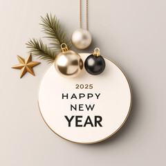 2025 NEW YEAR White Round Banner, with a "2025 HAPPY NEW YEAR" greeting message, with a festive and luxurious feel 	