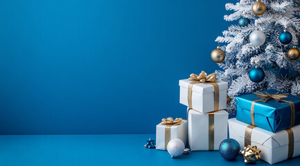 Vibrant blue and white Christmas gifts beside a beautifully decorated tree, perfect for holiday promotions, social media posts, or festive invitations.
