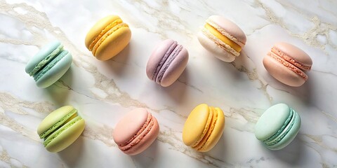 Obraz premium Pastel Macarons Arranged on a Marble Surface for a Delightful Culinary Image