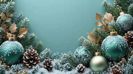 Christmas Decorations with Green and Gold Ornaments on Snowy Pine Branches