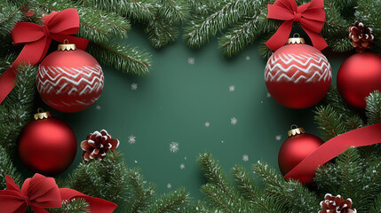 Christmas Green Frame with Festive Ornaments and Gifts