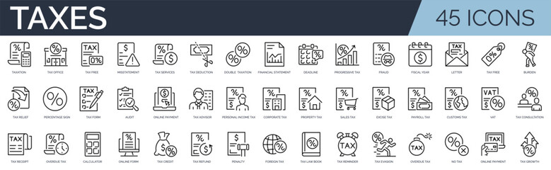 Set of 45 outline icons related to taxes. Linear icon collection. Editable stroke. Vector illustration	