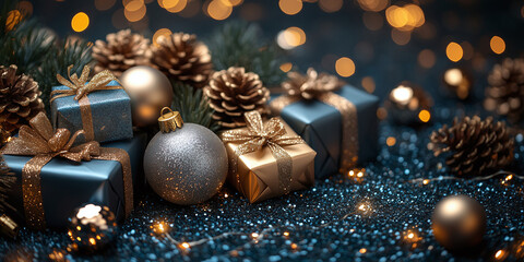 Christmas Gift Boxes with Festive Decorations on Blue Background