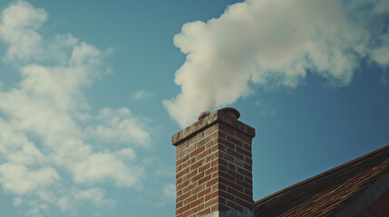 Dym leniwie wydobywa się z prostego ceglanego komina, tworząc subtelne zawirowania w powietrzu pod jasnym, błękitnym niebem.