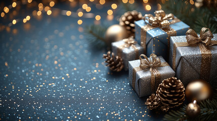 Christmas Gift Boxes with Festive Decorations on Blue Background