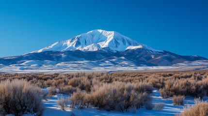 G&oacute;rskie pasmo pokryte grubą warstwą śniegu lśni w promieniach słońca, a bezchmurne niebo podkreśla czystość i piękno zimowego krajobrazu.