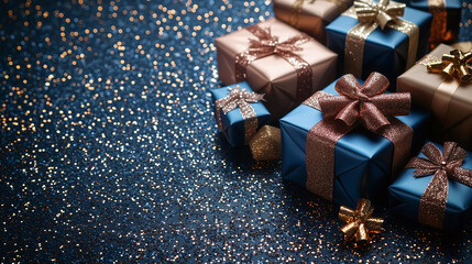 Christmas Gift Boxes with Festive Decorations on Blue Background
