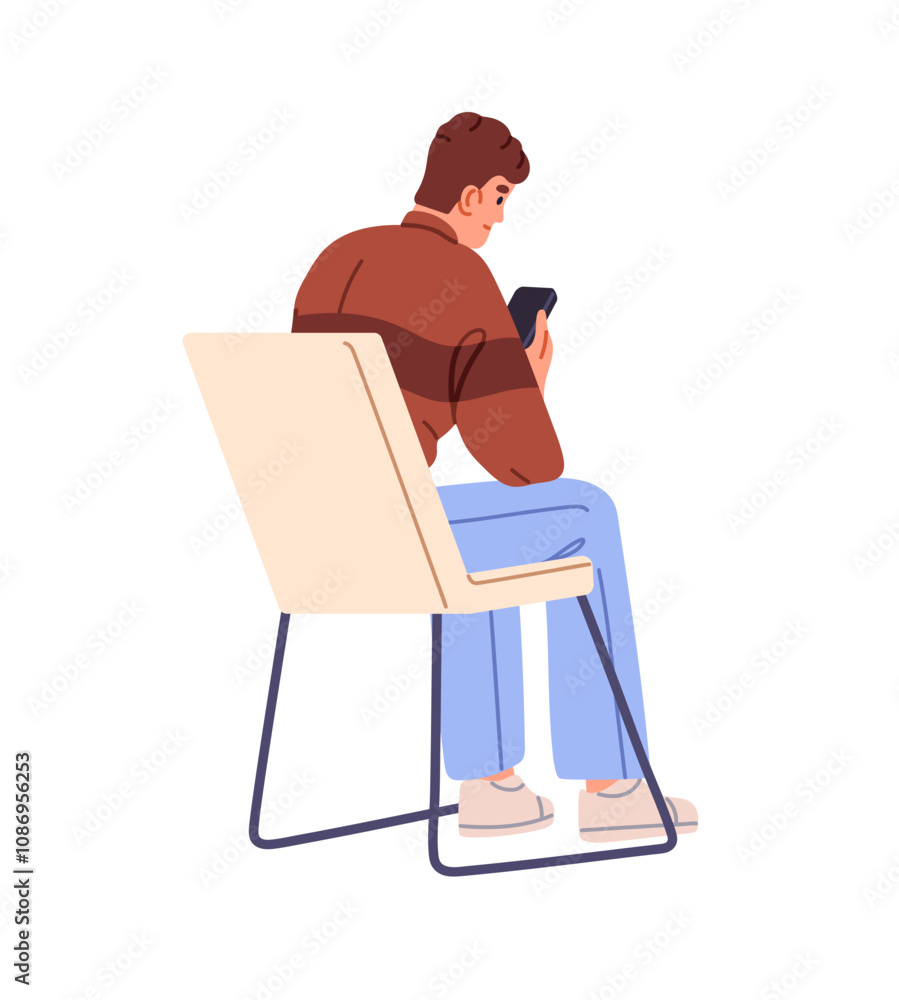 Poster man on seat surfing internet during lecture back view. student scrolls news at smartphone while semi
